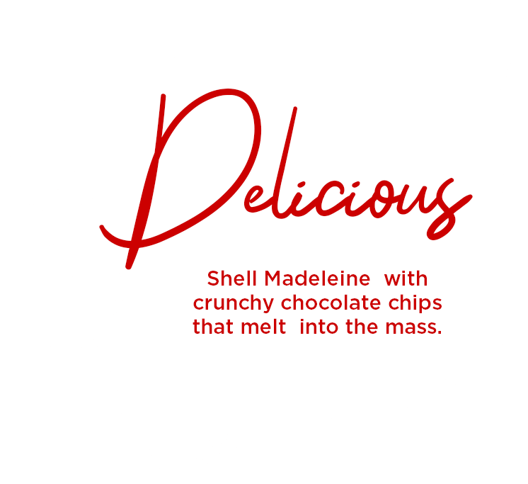 Delicious shell madeleine with crunchy chocolate chips that melt into the mass.